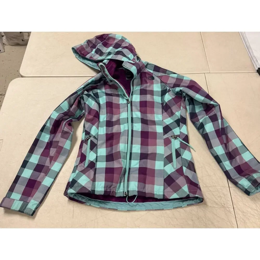 The North Face Women's Softshell Jacket Small Purple Teal Plaid Hooded Full Zip